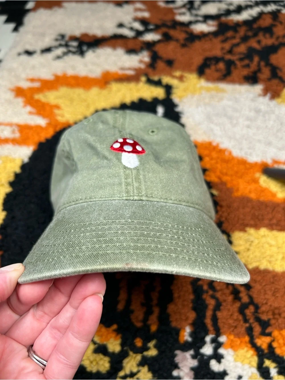Cutesy, MIGHTY FINE, embroidered mushroom dad hat!!